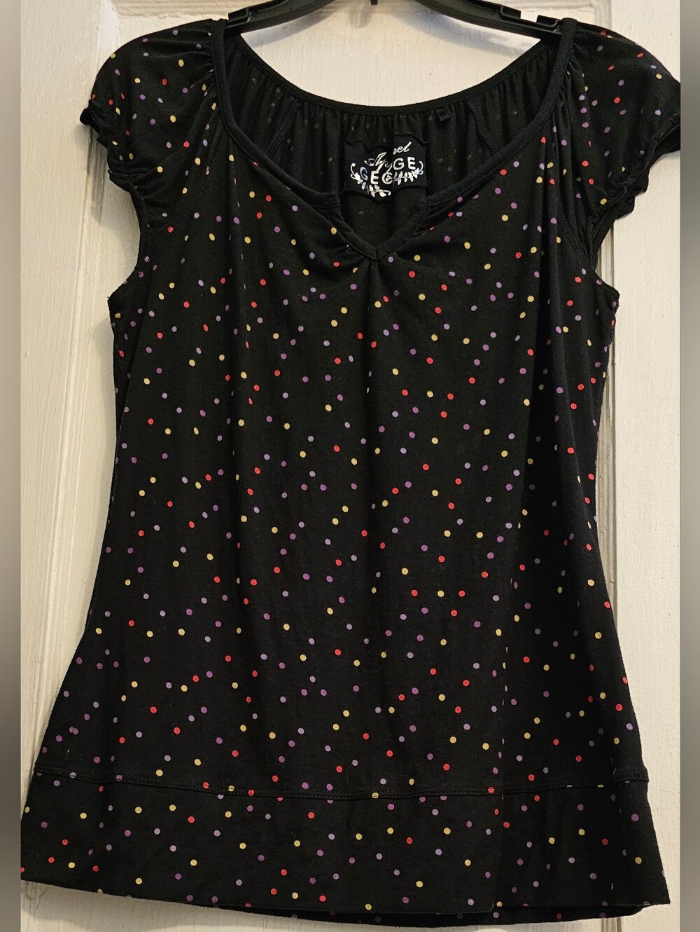 Black Tee W/Polka Dot Cap Sleeve Women's Top